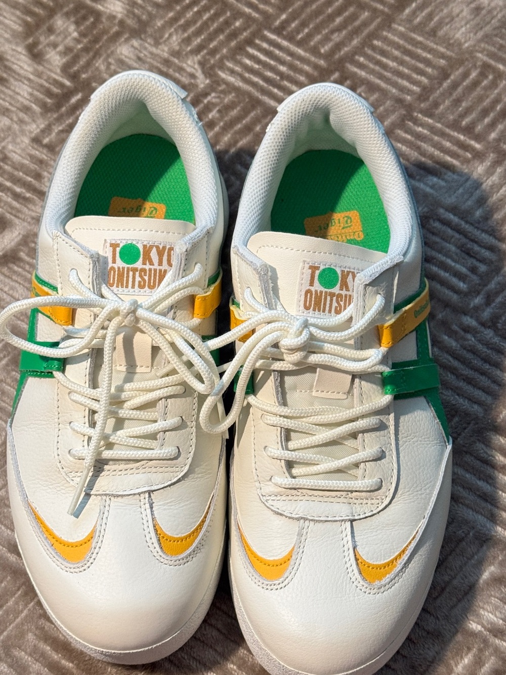 Onitsuka Tiger by Asics White Sneakers with Green & Yellow Accents